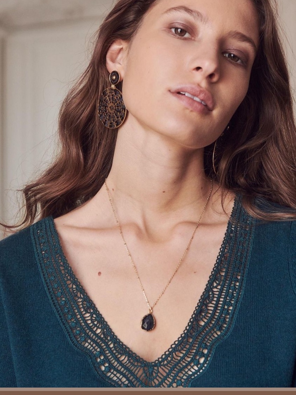 Sezane Teal V-Neck Sweater with Lace Trim - Picture 2 of 4